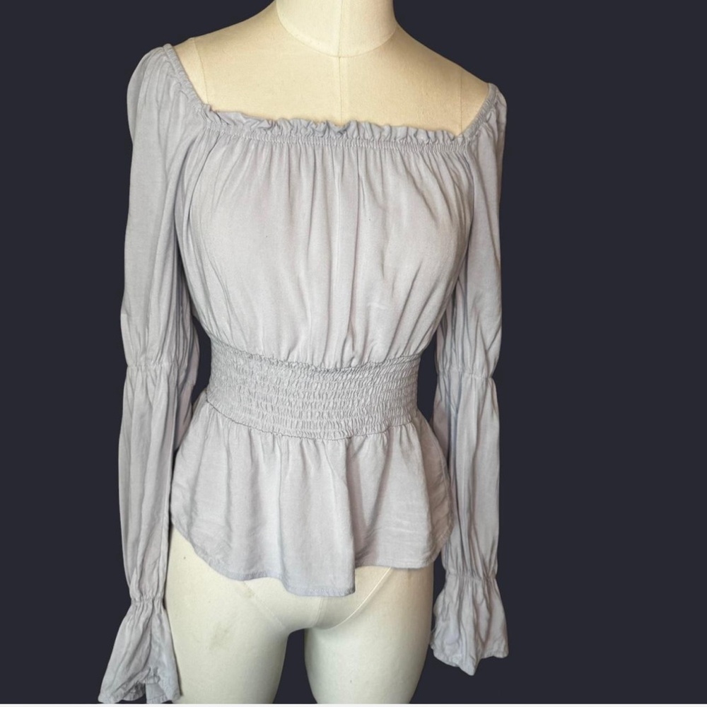 Chic square neckline gathered shoulder Light blue-Gray Blouse cinched waist
